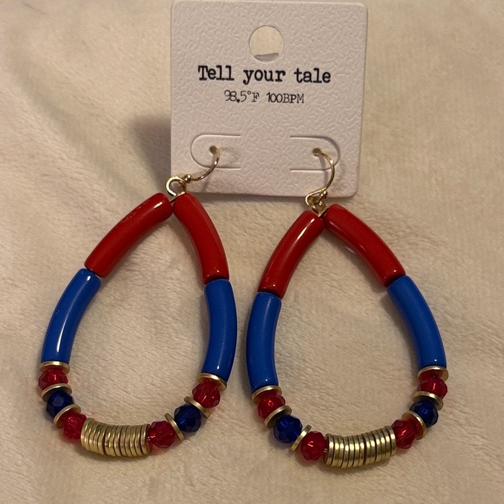 ๐ป Tell Your Tale Red, Blue, and Gold Teardrop Dangle Earrings